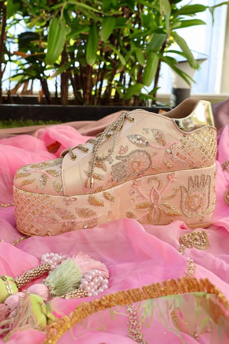Tiesta Gold Cutdana Masaba Embroidered Bridal Sneaker Platform Wedges