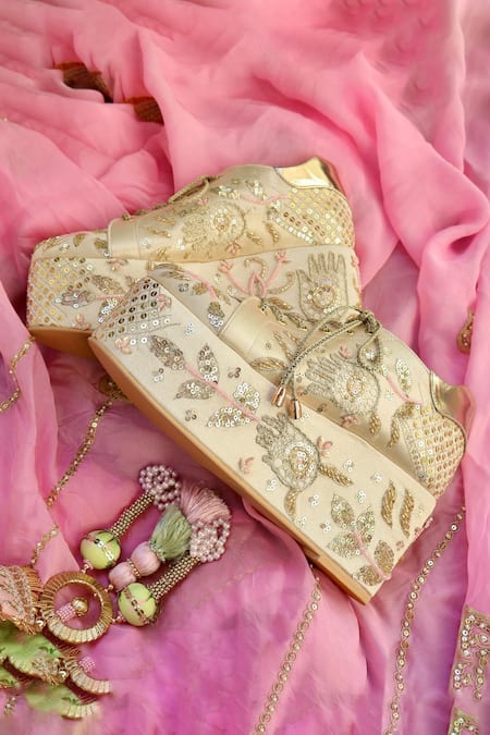 Buy Tiesta Gold Cut Work, Sequins, Beads, Embroidery Masaba Bridal Sneaker Platform Wedges Online at Aza Fashions Buy_Tiesta_Gold Cut Work, Sequins, Beads, Embroidery Masaba Bridal Sneaker Platform Wedges _Online_at_Aza_Fashions