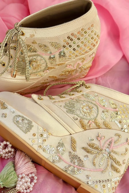 Tiesta_Gold Cut Work, Sequins, Beads Masaba Embroidered Sneaker Platform Wedges _Online_at_Aza_Fashions