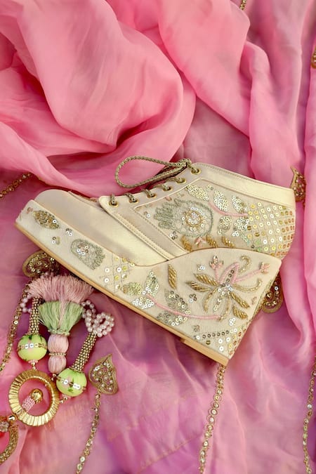 Buy_Tiesta_Gold Cut Work, Sequins, Beads Masaba Embroidered Sneaker Platform Wedges _Online_at_Aza_Fashions
