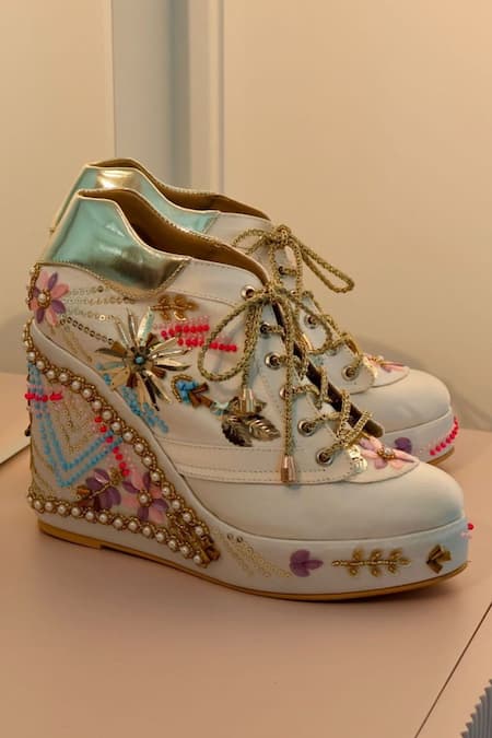 Shop_Tiesta_White Embroidered Sneaker Platform Wedges _at_Aza_Fashions