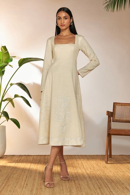 Masaba Ivory Cotton Linen Embroidered Pomegranate Square Dress