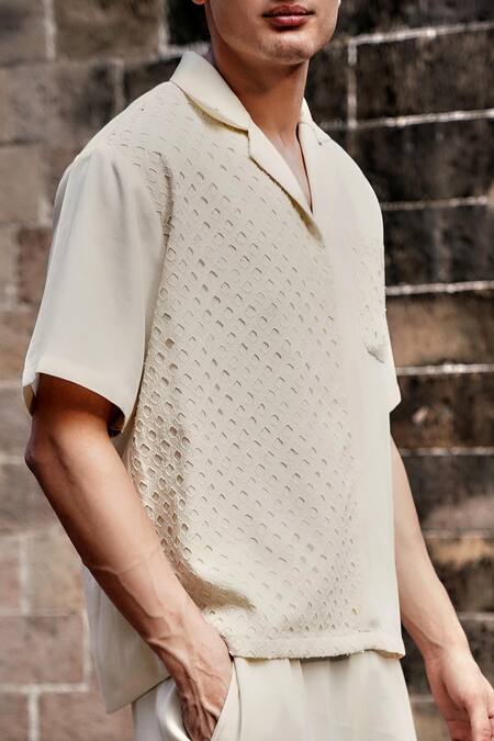 Style Junkiie Cream Cotton Embroidery Sea Salt Shiffli Panel Shirt Online at Aza Fashions Style Junkiie_Cream Cotton Embroidery Sea Salt Shiffli Panel Shirt _Online_at_Aza_Fashions