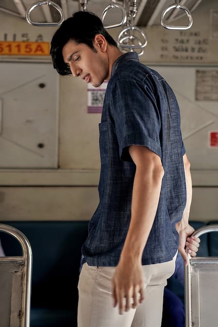 Style Junkiie_Blue Tencel Denim Textured Sailor Soft Overlap Shirt _Online_at_Aza_Fashions