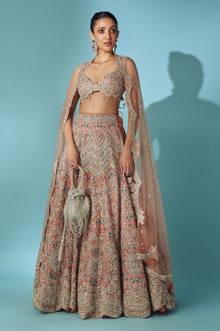 Osaa by Adarsh Coral Organza Embroidered French Knots Blouse Bridal Lehenga Set 