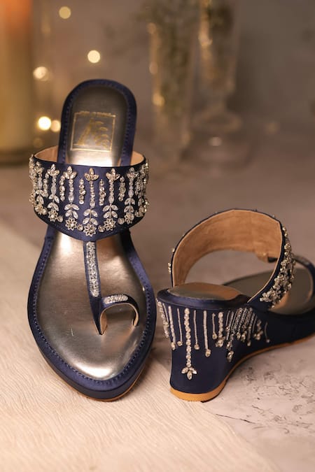 House Of Vian_Blue Cut Work, Sequins, Crystals Sitarah Floral Embellished Wedges _Online_at_Aza_Fashions