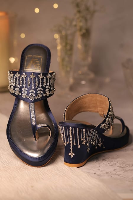 Buy_House Of Vian_Blue Cut Work, Sequins, Crystals Sitarah Floral Embellished Wedges _Online_at_Aza_Fashions