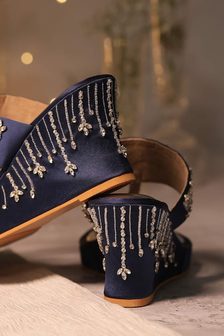 Shop_House Of Vian_Blue Cut Work, Sequins, Crystals Sitarah Floral Embellished Wedges _Online_at_Aza_Fashions