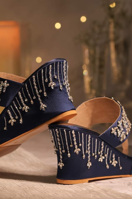 House Of Vian_Blue Cut Work, Sequins, Crystals Sitarah Floral Embellished Wedges _at_Aza_Fashions