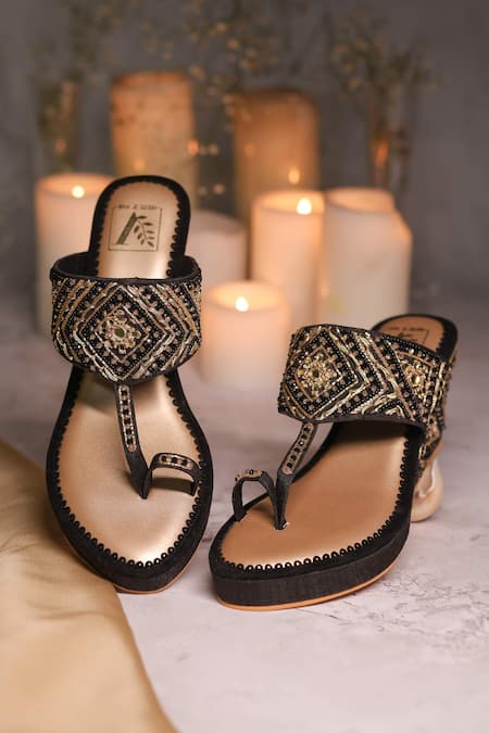 House Of Vian_Black Cut Work, Mirrors, Crystals, Beads, Eshel Geometric Embellished Wedges _Online_at_Aza_Fashions