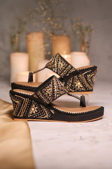 Buy_House Of Vian_Black Cut Work, Mirrors, Crystals, Beads, Eshel Geometric Embellished Wedges _Online_at_Aza_Fashions