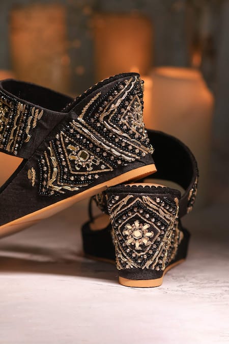Shop_House Of Vian_Black Cut Work, Mirrors, Crystals, Beads, Eshel Geometric Embellished Wedges _Online_at_Aza_Fashions