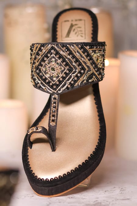 House Of Vian_Black Cut Work, Mirrors, Crystals, Beads, Eshel Geometric Embellished Wedges _at_Aza_Fashions