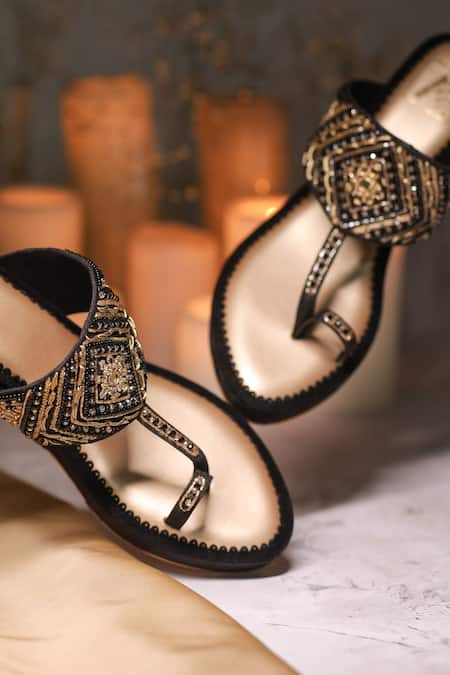 Buy_House Of Vian_Black Cut Work, Mirrors, Crystals, Beads, Eshel Geometric Embellished Wedges 