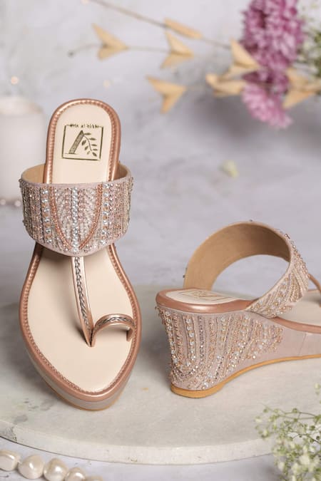 House Of Vian Rose Gold Crystals, Cut Work, Sequins Embellished Wedges Online at Aza Fashions House Of Vian_Rose Gold Crystals, Cut Work, Sequins Embellished Wedges _Online_at_Aza_Fashions