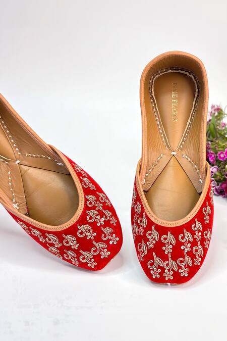 Buy_Pixie Pearlz_Red Ruhaani Floral Hand Embroidered Juttis _Online_at_Aza_Fashions