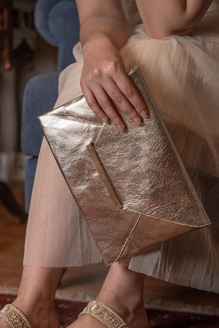 SANDALWALI Uma Metallic Leather Envelope Clutch 
