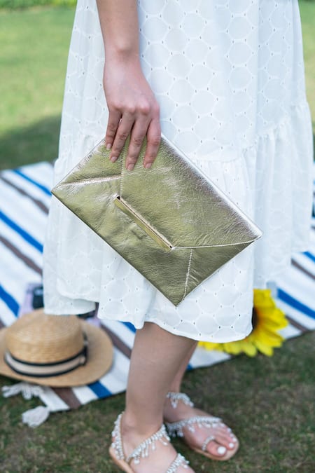 Sandalwali_Gold Uma Metallic Leather Envelope Clutch _Online_at_Aza_Fashions