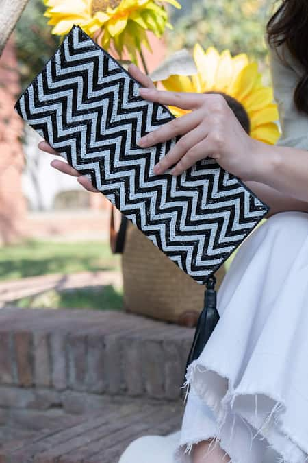 SANDALWALI Chevron Foldover Monochrome Beaded Clutch 