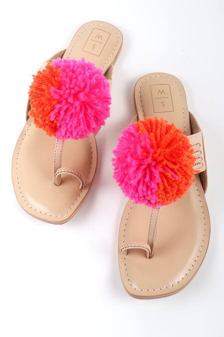 Sandalwali_Pink Pom-pom Rania Kolhapuri Sandals _Online_at_Aza_Fashions