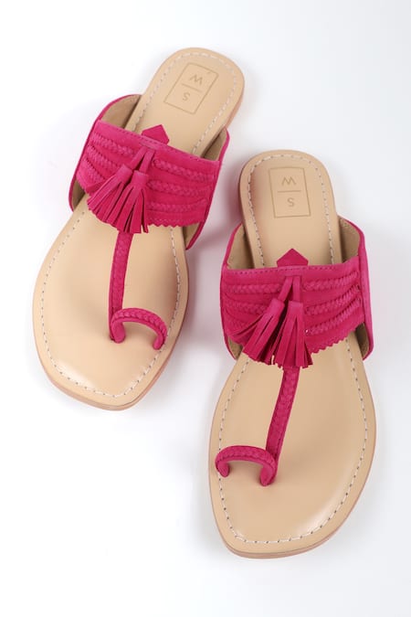 Sandalwali_Pink Tassels Braided Kolhapuri Flats _Online_at_Aza_Fashions