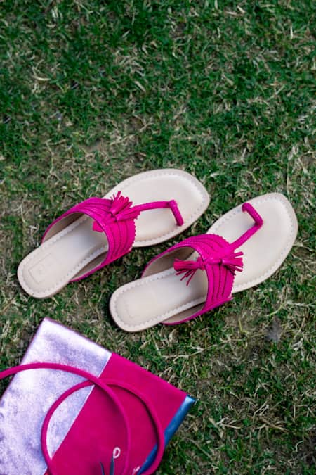 Buy_Sandalwali_Pink Tassels Braided Kolhapuri Flats _Online_at_Aza_Fashions