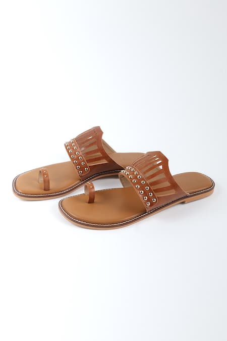 Sandalwali Rani Stud Embellished Ribbed Strap Flats 