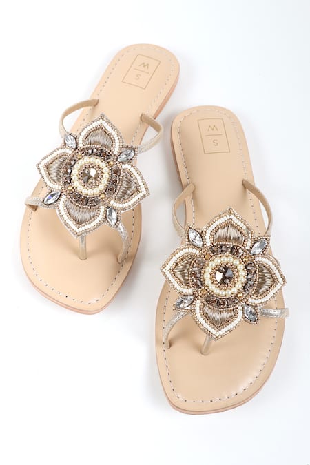 Shop_Sandalwali_Beige Beads Karma Encrusted Lotus Sandals _at_Aza_Fashions