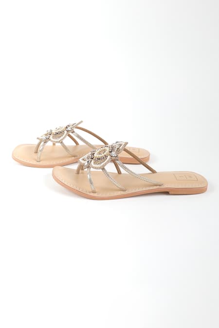Sandalwali_Beige Beads Karma Encrusted Lotus Sandals _Online_at_Aza_Fashions
