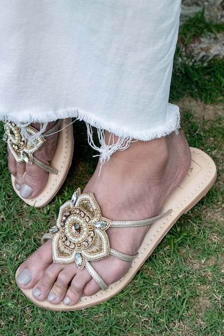 Buy_Sandalwali_Beige Beads Karma Encrusted Lotus Sandals _Online_at_Aza_Fashions