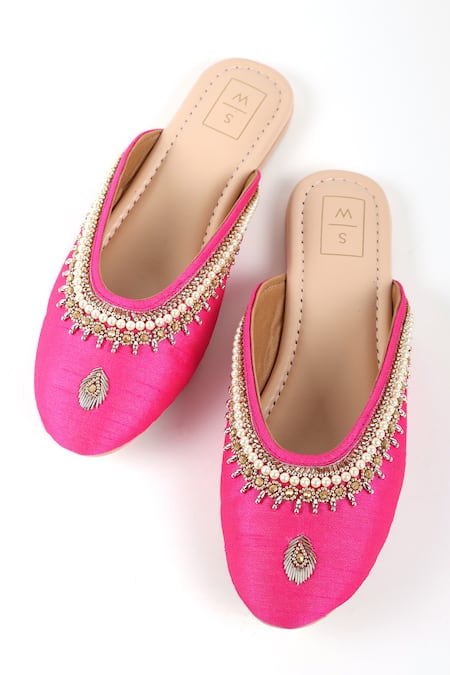 Shop_Sandalwali_Pink Beads Pearl Embellished Juttis _at_Aza_Fashions