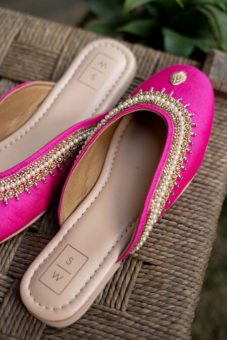 Sandalwali_Pink Beads Pearl Embellished Juttis _Online_at_Aza_Fashions