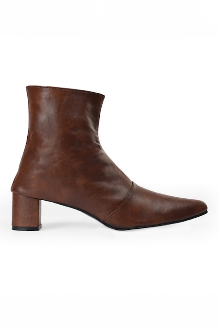 Zori World_Brown Embroidery Deux Pointed Toe Solid Changeable Boots _Online_at_Aza_Fashions