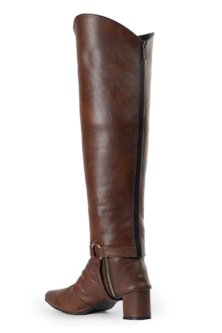 Shop_Zori World_Brown Embroidery Deux Pointed Toe Solid Changeable Boots _Online_at_Aza_Fashions