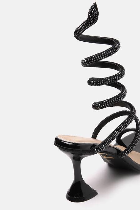 Shop_Zori World_Black Rhinestones, Studs Snake Embellished Heels_Online_at_Aza_Fashions