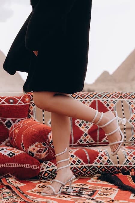 Buy_Zori World_Silver Studs Slytherin Snake Embellished Wired Up Heels_Online_at_Aza_Fashions