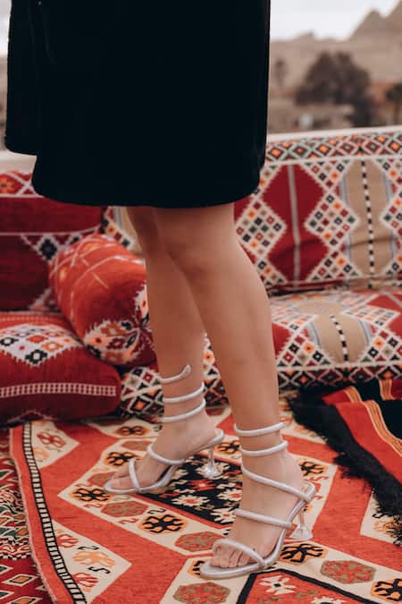 Shop_Zori World_Silver Studs Slytherin Snake Embellished Wired Up Heels_Online_at_Aza_Fashions