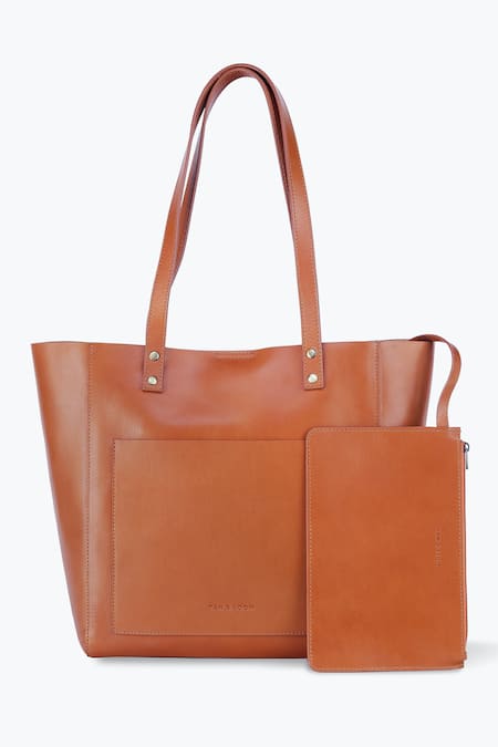 Shop_Tan & Loom_Brown Plain Tan Tote Bag With Detachable Pouch _Online_at_Aza_Fashions