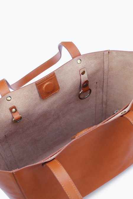 Tan & Loom_Brown Plain Tan Tote Bag With Detachable Pouch _at_Aza_Fashions