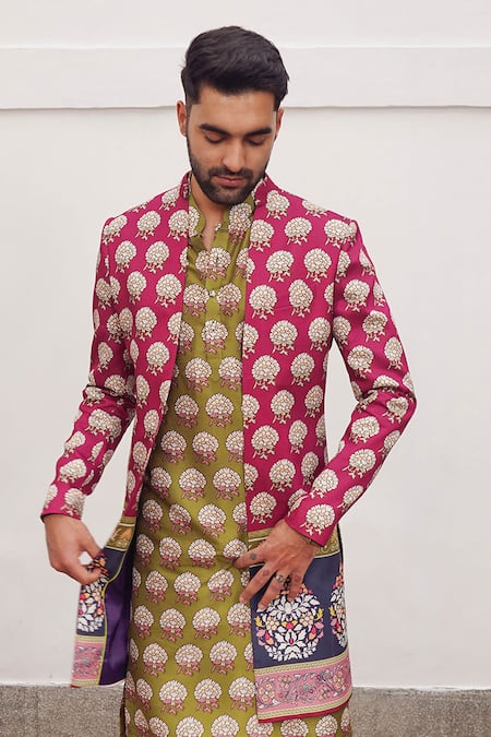 Mayyur Girotra Couture Floral Print Silk Kurta & Pant Set 