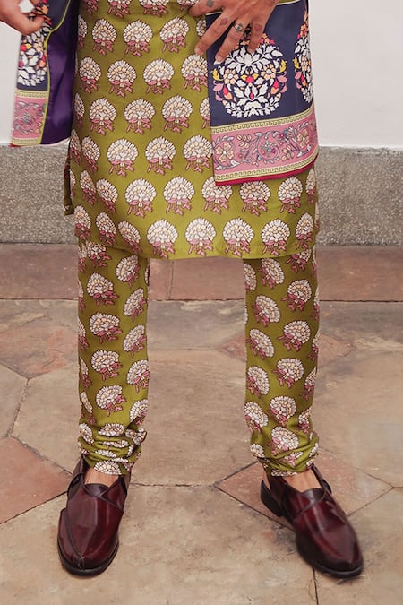 Mayyur Girotra Couture Green Silk Printed Floral Kurta And Pant Set Online at Aza Fashions Mayyur Girotra Couture_Green Silk Printed Floral Kurta And Pant Set _Online_at_Aza_Fashions