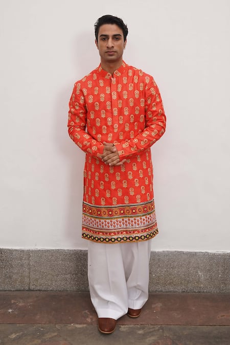 Mayyur Girotra Couture Orange Silk Printed Floral Flower Kurta And Pant Set  