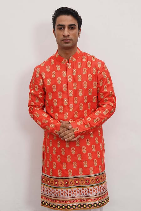 Mayyur Girotra Couture Flower Print Silk Kurta & Pant Set 