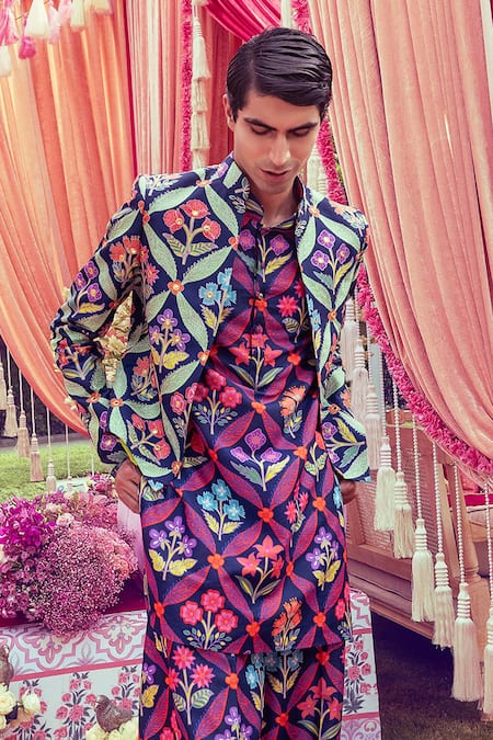 Mayyur Girotra Couture Floral & Leaf Printed Silk Jacket Kurta Set 