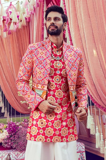 Mayyur Girotra Couture Floral Print Silk Jacket Kurta Set 