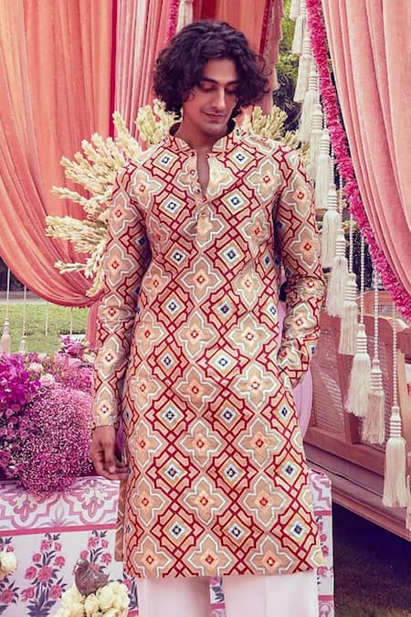 Mayyur Girotra Couture Flower Pattern Silk Kurta & Pant Set 
