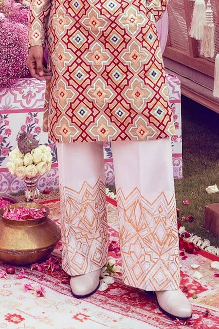 Mayyur Girotra Couture_Gold Silk Printed Floral Flower Pattern Kurta And Pant Set  _Online_at_Aza_Fashions
