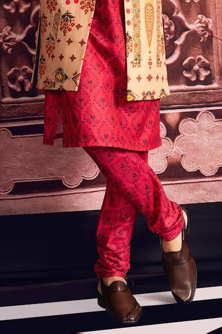 Mayyur Girotra Couture_Beige Linen Printed Abstract Floral Pattern Jacket Kurta Set  _Online_at_Aza_Fashions