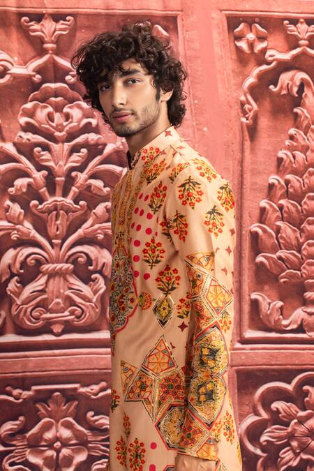 Mayyur Girotra Couture_Beige Linen Printed Abstract Floral Kurta And Pant Set  _Online_at_Aza_Fashions