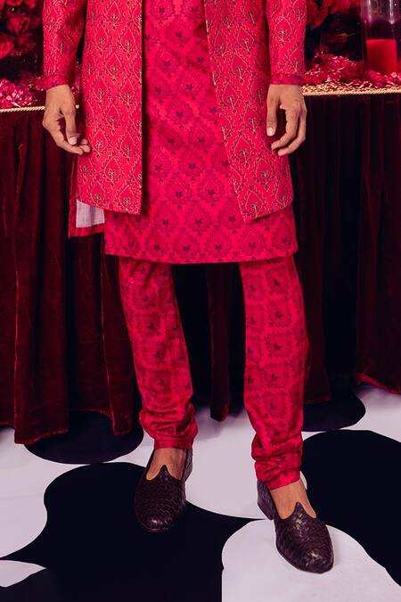 Mayyur Girotra Couture_Red Linen Embroidery Floral Jacket Kurta Set _Online_at_Aza_Fashions